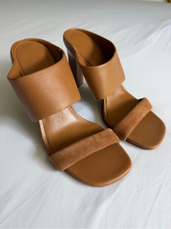 Vince Shoes - Vince "Quinn" Brown Tan Suede Leather High Block Heel Mule Sandals